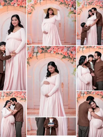 A comprehensive collage from a family maternity session in our floral setting. It includes beautiful solo portraits, intimate couple's shots, and heartwarming photos with their older son.
