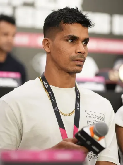 A focused look from one of our fighters during a press conference.