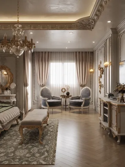 A complete view of the regal bedroom layout, showcasing the harmony between the sleeping area, seating nook, and entertainment console.