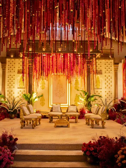 Our pillarless mandap design for a Delhi wedding, layered with thousands of strung flowers. This contemporary approach to a traditional element ensures every guest has a perfect, unobstructed view of the ceremony.