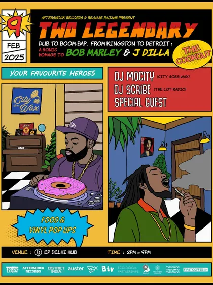 The comic book-style poster for 'Two Legendary', my tribute event to Bob Marley and J Dilla. This shows my ability to create unique event concepts with strong visual branding.