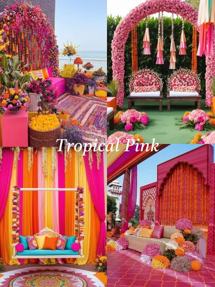 A collage of our 'Tropical Pink' theme. This vibrant theme uses bright pinks and oranges with tropical flowers for a fun, destination-wedding vibe.