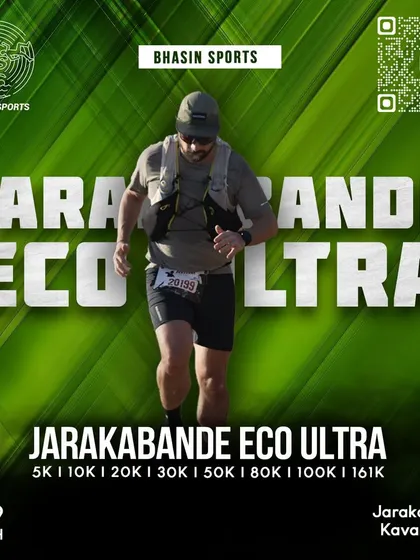 A fully equipped trail runner navigating the Jarakabande course. We support our athletes whether they're running a quick 5K or tackling a 161K ultra-marathon.