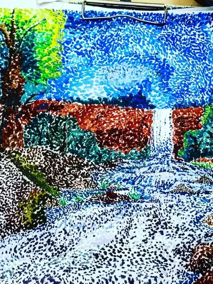 This vibrant landscape was created using a technique called pointillism, where the entire image is made of tiny dots of color. It's a fantastic exercise in patience, color theory, and creating texture.