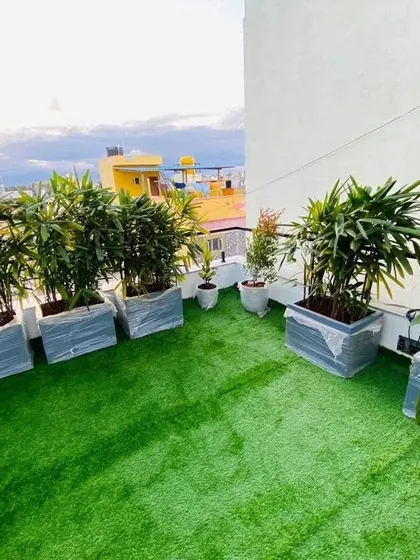 This side of the terrace is lined with large, modern planters filled with tall, leafy plants. This arrangement provides a green screen for privacy and adds a significant touch of nature to the urban environment.
