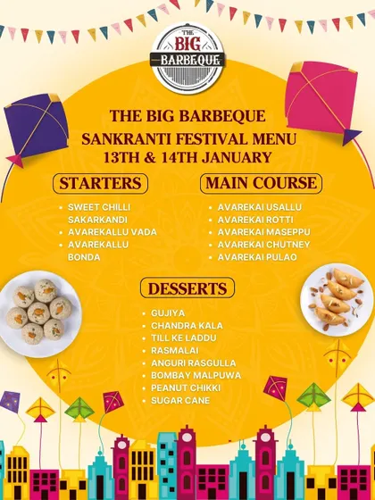 Our Sankranti Festival Menu celebrates the harvest with traditional dishes. We offer a full course experience from starters like Avarekallu Bonda to main courses like Avarekai Pulao and a variety of festive desserts including Gujiya and Til Ke Laddu.