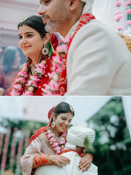 A collage of candid moments from the wedding ceremony, showing the bride's joy and the couple's connection.