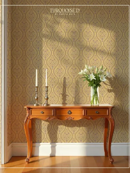 Sunlight streams across the Zaina All Over wallpaper, highlighting its delicate, flowing pattern. This design, shown in a warm beige, fills the entryway with a sense of calm and understated elegance reminiscent of a classic Pashmina shawl.