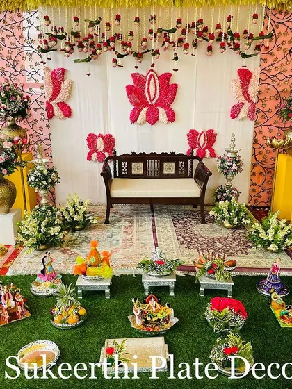 A beautiful puberty ceremony setup in Jayanagar, Bangalore. The outdoor setting with the traditional decor and my platter arrangements created a wonderful atmosphere.