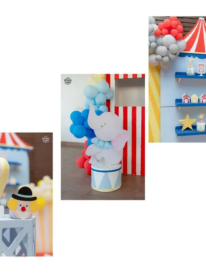 A collage of circus details, including a cute elephant prop, a clown, and themed prize shelves.