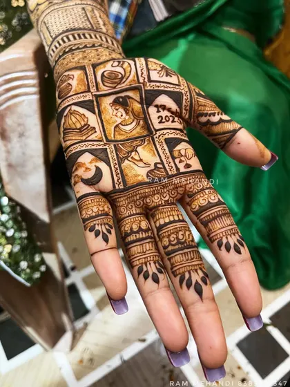 This unique design tells a story in a grid format, with each square showing a different element of a Karva Chauth celebration, including the date.