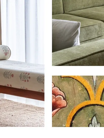 A mood board in collage form, showing the inspiration behind a design. The floral pattern on the daybed, the texture of the sofa, and the traditional Indian motif all come together to tell a story.