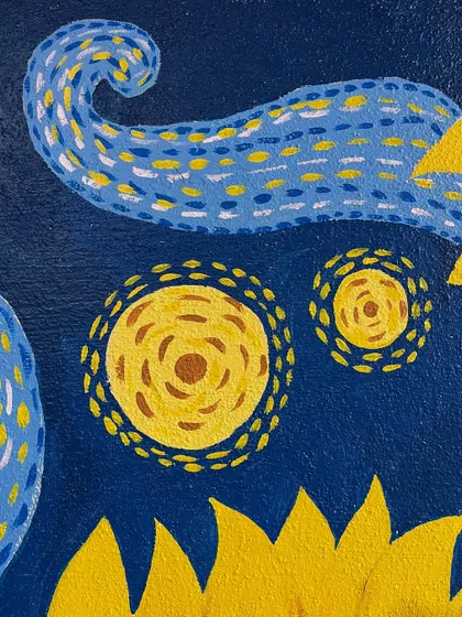 A macro detail of the Van Gogh inspired wall mural, focusing on the dot-work style.