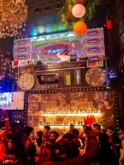 The view from the iconic boombox DJ booth at Bombay Adda during a massive Diwali party. The club was decorated beautifully for the occasion.