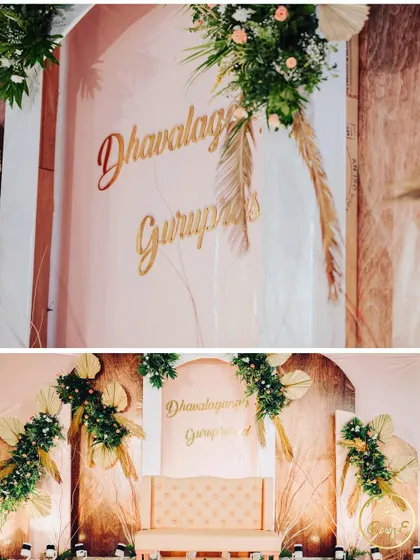 A beautiful and modern stage backdrop with a mix of wood textures, pastel colors, and dried floral elements.