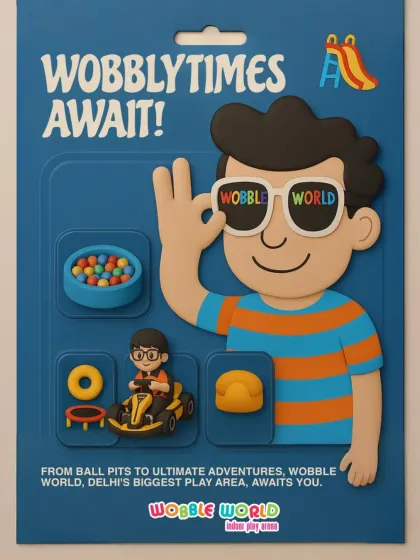 Our "Wobbly Times Await" toy card graphic showcases some of our best attractions, from the ball pit to the go-karts, in a fun and creative way.