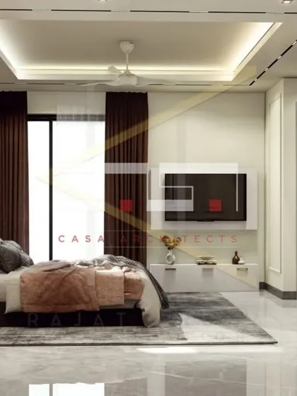 A luxurious bedroom concept with rich brown wall paneling, integrated accent lighting, and a large, comfortable bed for a high-end hotel feel.