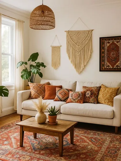 This living room is the heart of boho charm. I layered earthy hues, textured textiles like macrame and a vintage-style rug, and plenty of plants to create a space that feels relaxed, warm, and full of personality.