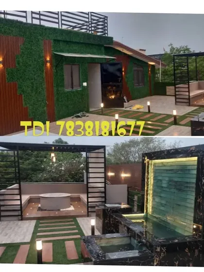 Another view of the Noida Sector 41 project, showing the complete transformation with the porta cabin, pergola, and fountain all integrated into one design.