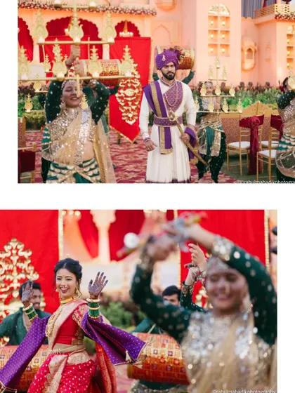 The groom's grand entrance with dancers, a vibrant and energetic start to the wedding celebrations.