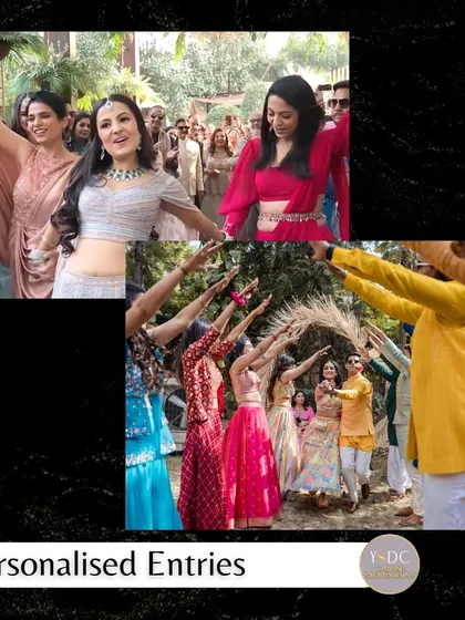 This image from my services portfolio highlights personalized entries. It shows two different styles: a high-energy daytime entry with friends and a more traditional Haldi ceremony entrance with a flower shower.