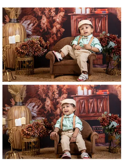 A collage of a tiny explorer. This series shows a little boy in a rustic, vintage setting, looking dapper and ready for an adventure.