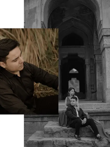 A moody, artistic collage from a pre-wedding shoot at a historic Delhi location. The mix of color and monochrome shots creates a dramatic and timeless feel.
