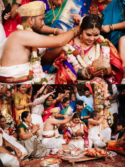 A collage capturing the vibrant and joyous rituals of the wedding, with the couple surrounded by family and friends.
