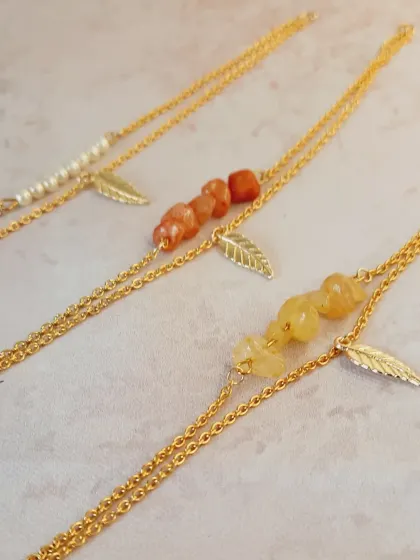 A closer look at my gemstone and pearl bracelets. The combination of natural stones and classic pearls with the gold chain creates a beautiful, earthy look.