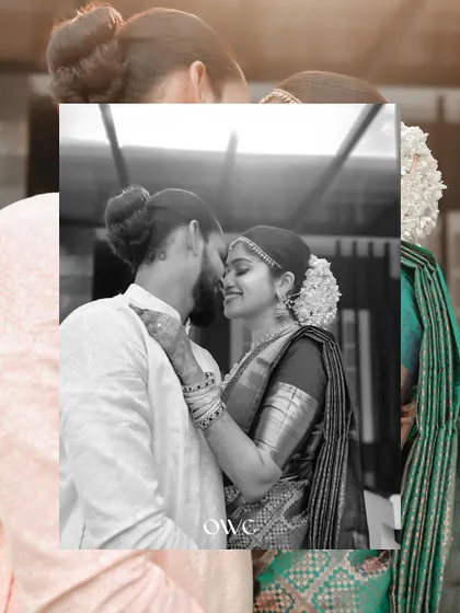 A creative black and white collage that layers an intimate moment over a color portrait of the couple.
