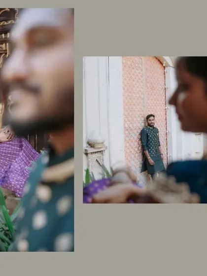 A creative composition focusing on the bride-to-be in her beautiful saree, with the groom-to-be softly blurred in the foreground.