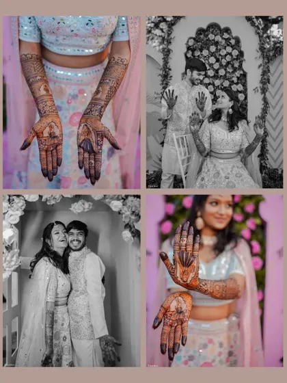 A collage showcasing the beautiful details of Priya's Mehendi. From the intricate henna design to the happy couple portraits, it tells the story of their celebration.