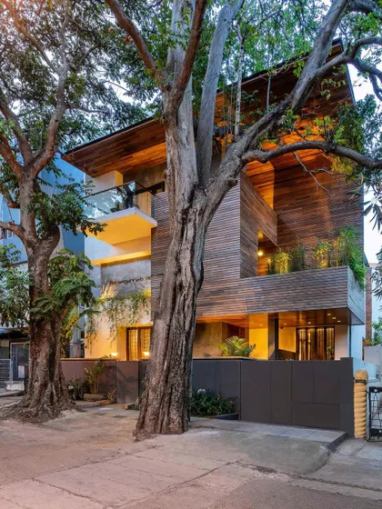A view of the 'Between Two Trees' facade at dusk, where the warm interior lights highlight the wooden textures and the home settles into the landscape.