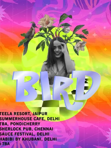 My official tour poster for March, with a vibrant, psychedelic design that captures my colorful and energetic personality. It lists shows in Jaipur, Delhi, Pondicherry, and Chennai.