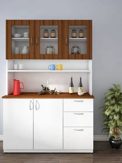 A classic crockery unit design with white and wood-finish cabinets. This piece offers a great combination of display space behind glass doors and practical closed storage.