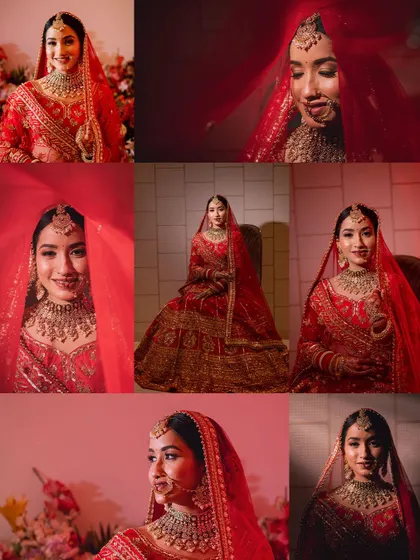 A beautiful collage showcasing multiple bridal portraits in a classic red lehenga, capturing various expressions and poses.