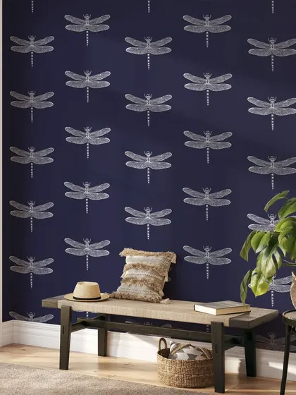 Our Indigo Bright Dragonfly wallpaper adds a touch of whimsy and elegance to this entryway. The deep blue background and delicate dragonflies create a magical and enchanting atmosphere.