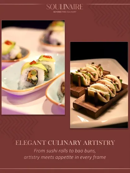 A collage of elegant culinary artistry, from delicate sushi rolls to fluffy bao buns. This demonstrates our belief that artistry meets appetite in every frame.