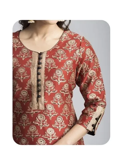 This is a detailed view of a kurti neckline with a contrasting placket and decorative buttons. The sleeve cuff is also finished with matching detail, creating a cohesive and polished look.