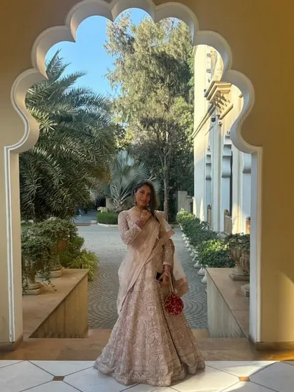 A full-length view of our popular pastel chikankari lehenga, perfect for creating an elegant and memorable look.
