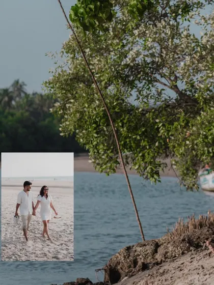 A collage that captures the tropical beach environment, with a small inset of the couple walking. It sets the scene beautifully.