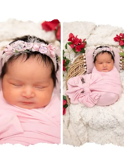 A diptych showing a baby girl wrapped in soft pink, adorned with a floral headband. The focus is entirely on her sweet, sleeping face and tiny form.