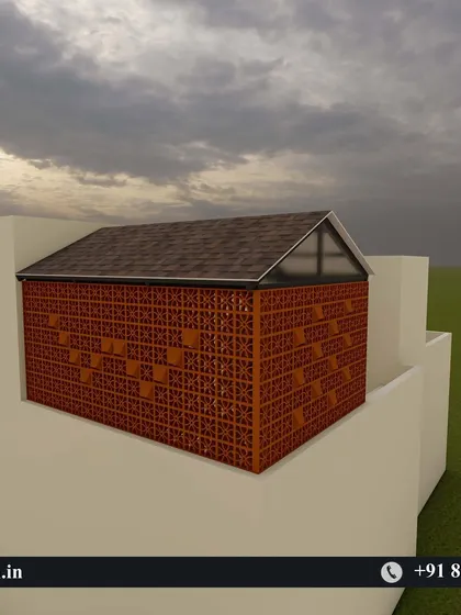 An angled 3D view of the enclosed terrace structure, showing how the sloped roof and CNC walls create a private, room-like space.