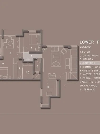 The lower floor plan focusing on the corridor, demonstrating our attention to circulation and flow within the home.