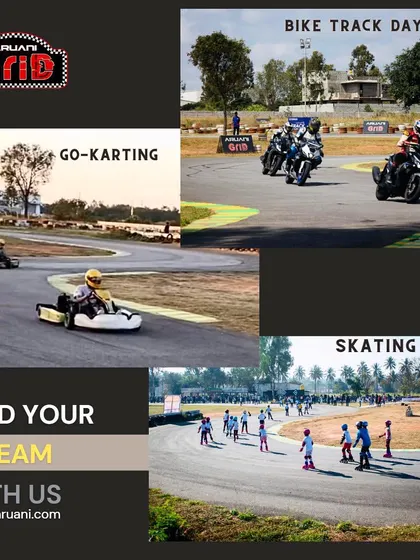 We are a multi-disciplinary facility. This collage shows the variety of activities we offer, from go-karting and bike track days to skating for the whole family.