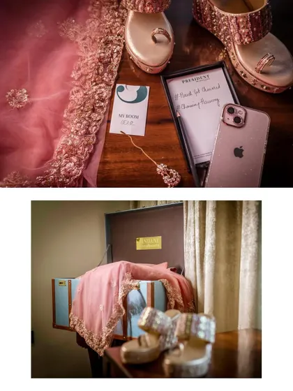 A flat-lay and detail shot of the bride's accessories. Her shoes, her packed trousseau, and her phone are all part of the modern wedding story.