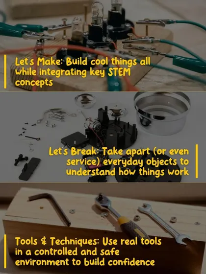 This graphic summarizes our core learning pillars: Let's Make, Let's Break, and Tools & Techniques. It's our formula for building confidence and curiosity.