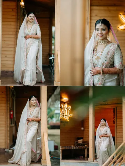 A collage showcasing the bride's elegant white wedding attire from different angles as she gets ready.