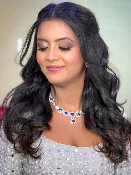 Another angle of the sangeet makeup, showing the shimmer on the eyelids and the flawless base.