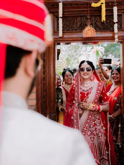 The groom's first look at his bride. We focus on capturing these unscripted, emotional moments, preserving the genuine surprise and joy of the wedding day as they naturally unfold.